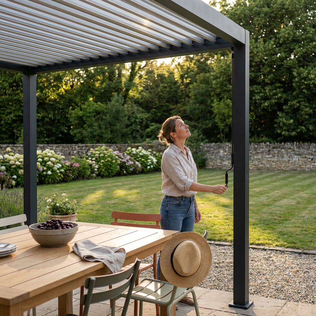 Femme réglant les lames orientables d'une pergola autoportante 3x3 m dans un jardin, table dressée à l'ombre